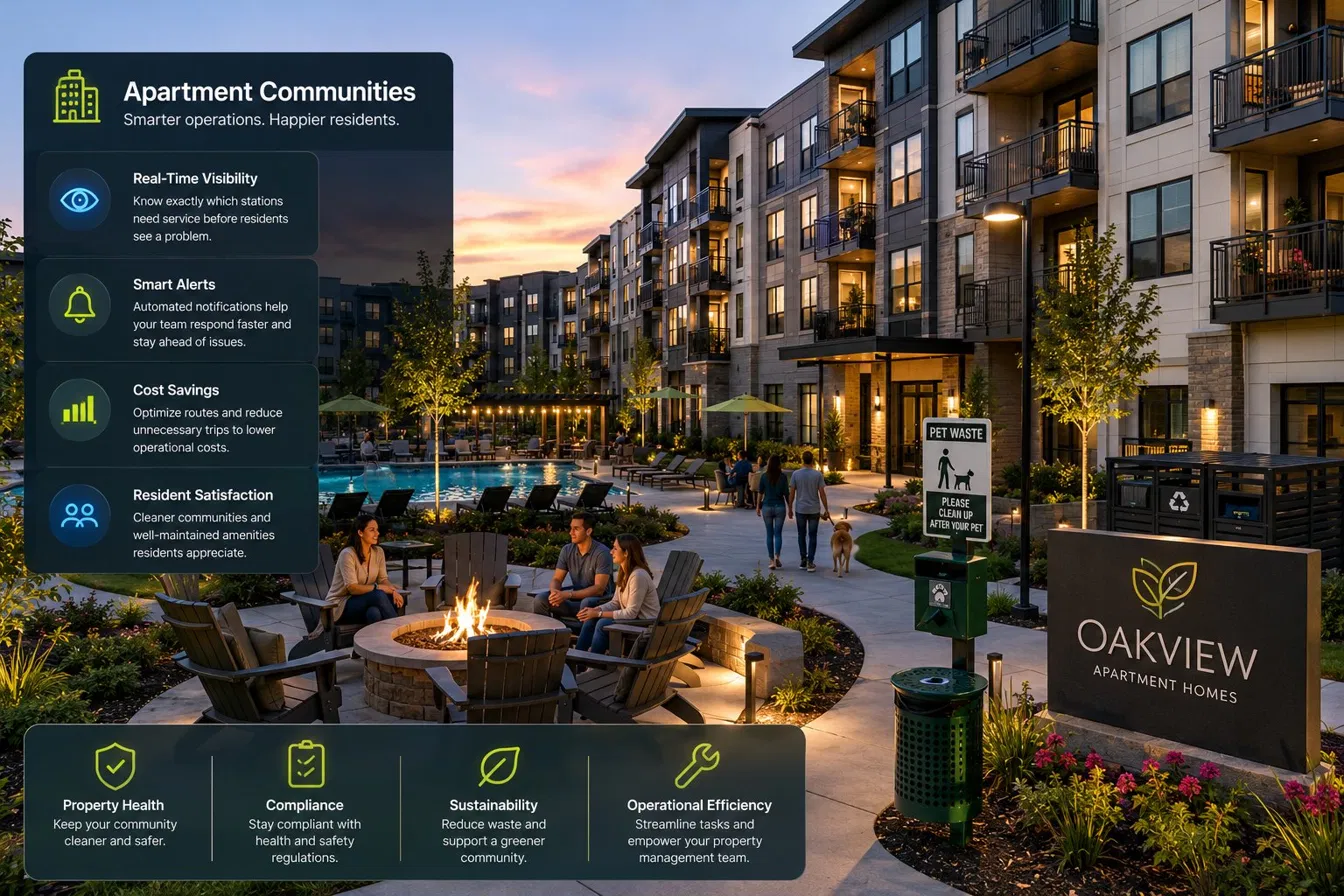 Oakview Apartment Homes evening courtyard with pet waste station