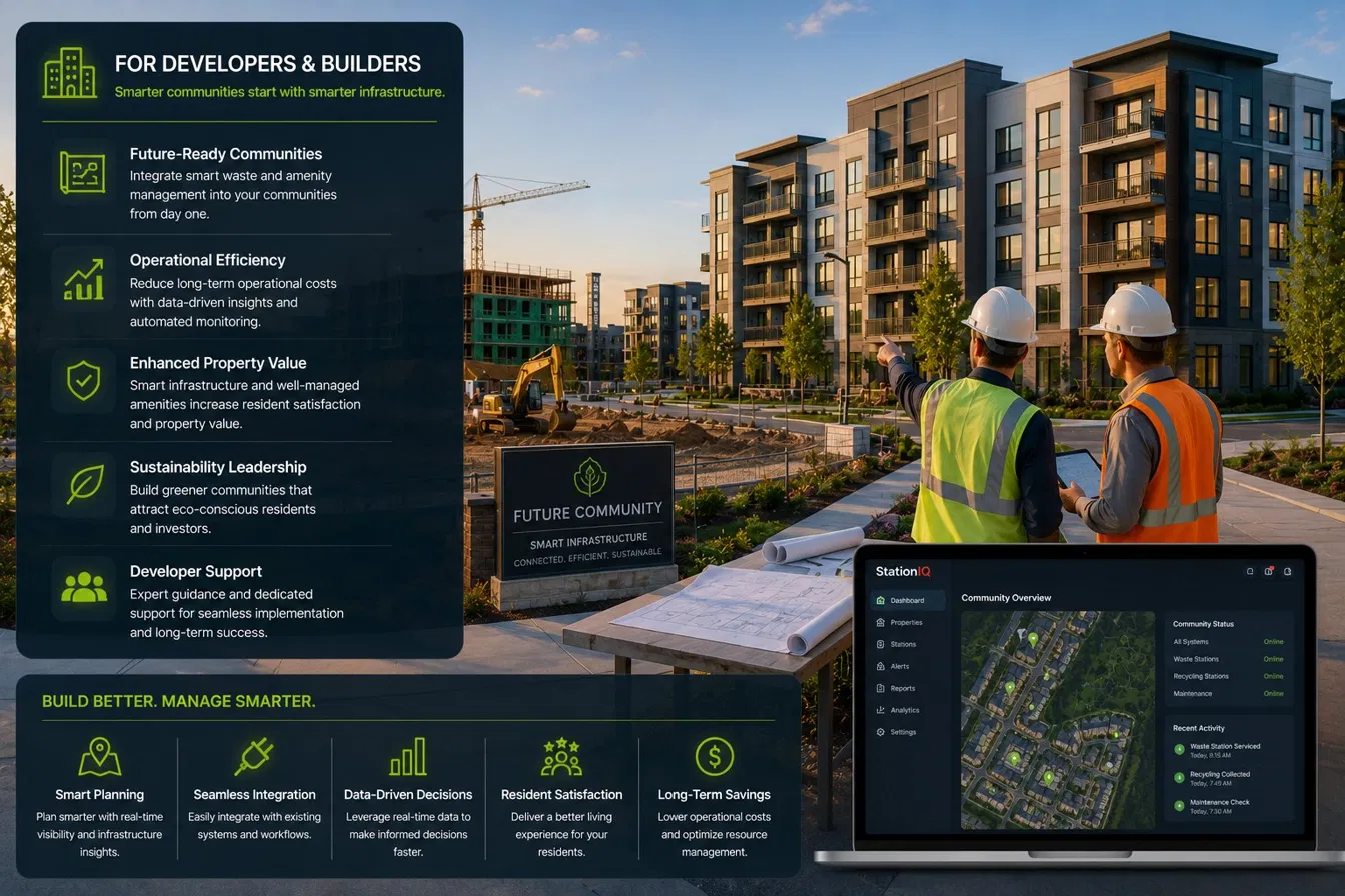 Construction site with developers reviewing plans and StationIQ dashboard