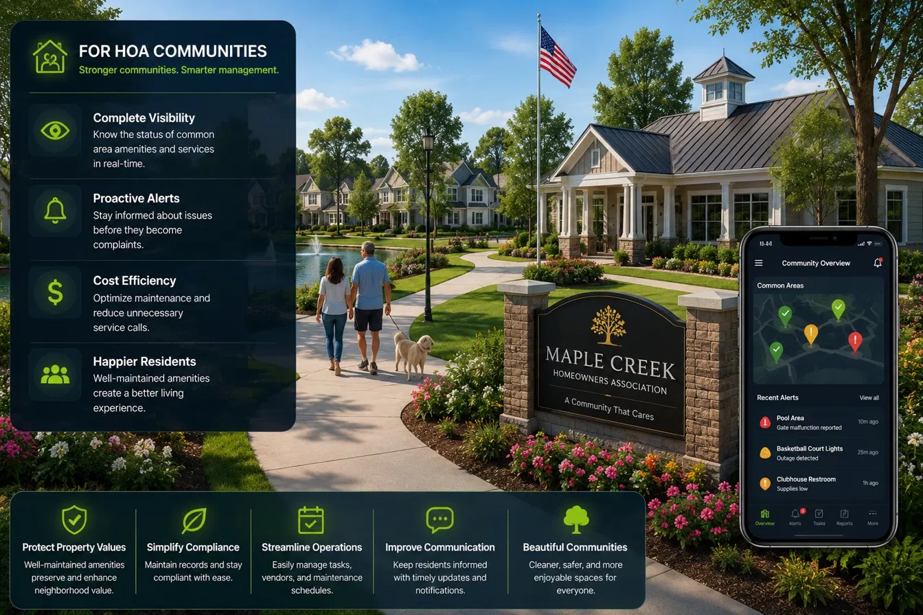 Maple Creek Homeowners Association entrance with residents and dog