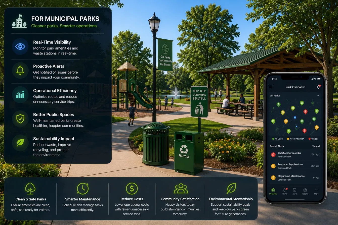 Municipal park with waste stations, playground, and StationIQ app